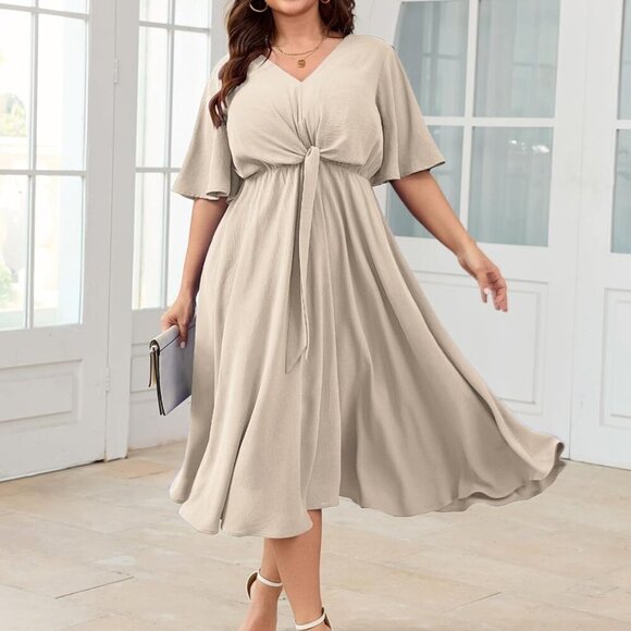 Women Plus Size Midi Dresses Wedding Guest Short Sleeve V Neck Tie Waist Casual - Picture 5 of 6